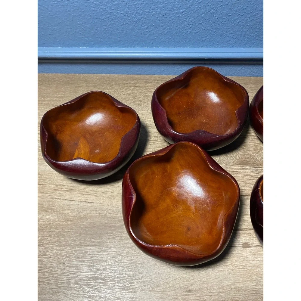 10pcs VTG 60s MCM Tiki Hawaiian Serving‎ Bowl Set Wood Flower Shape Utensils